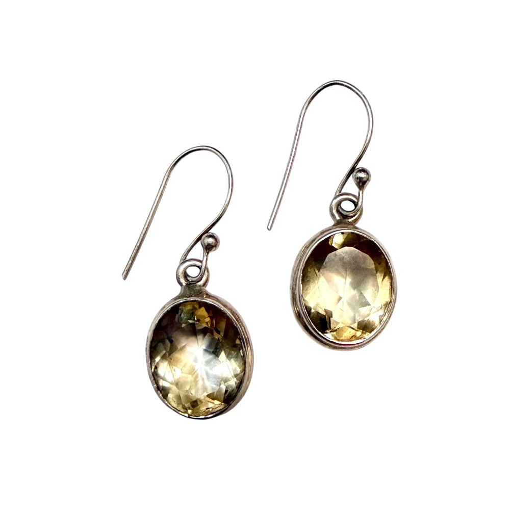 Vintage Citrine Earrings Sterling Silver 925 Dangle Drop Yellow Oval Gemstone